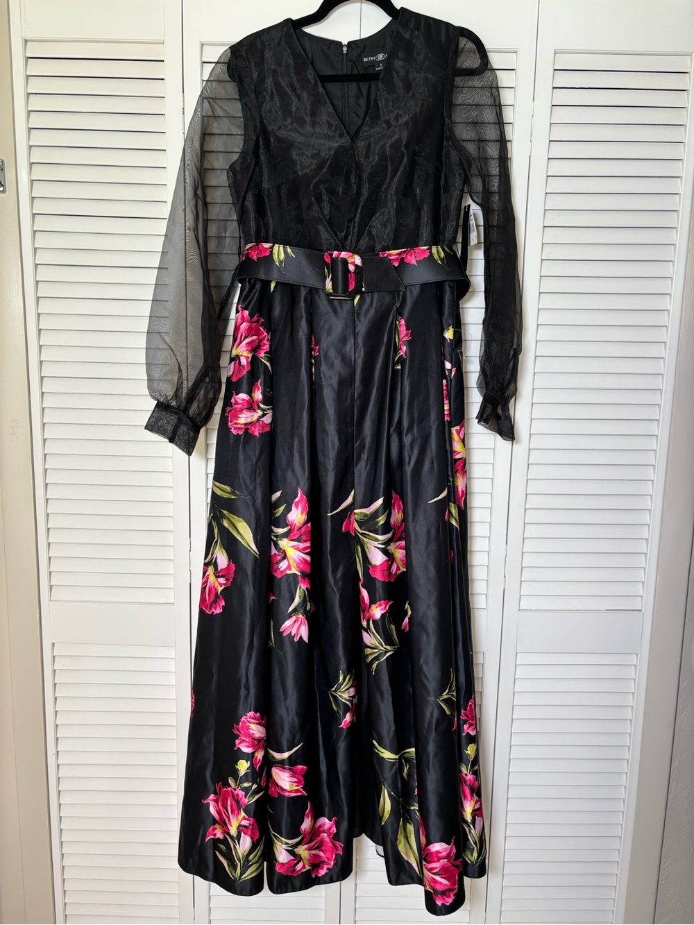 Betsy & Adam Organza-Sleeve Floral Belted Gown *Flawed *Size 8 - Picture 5 of 11